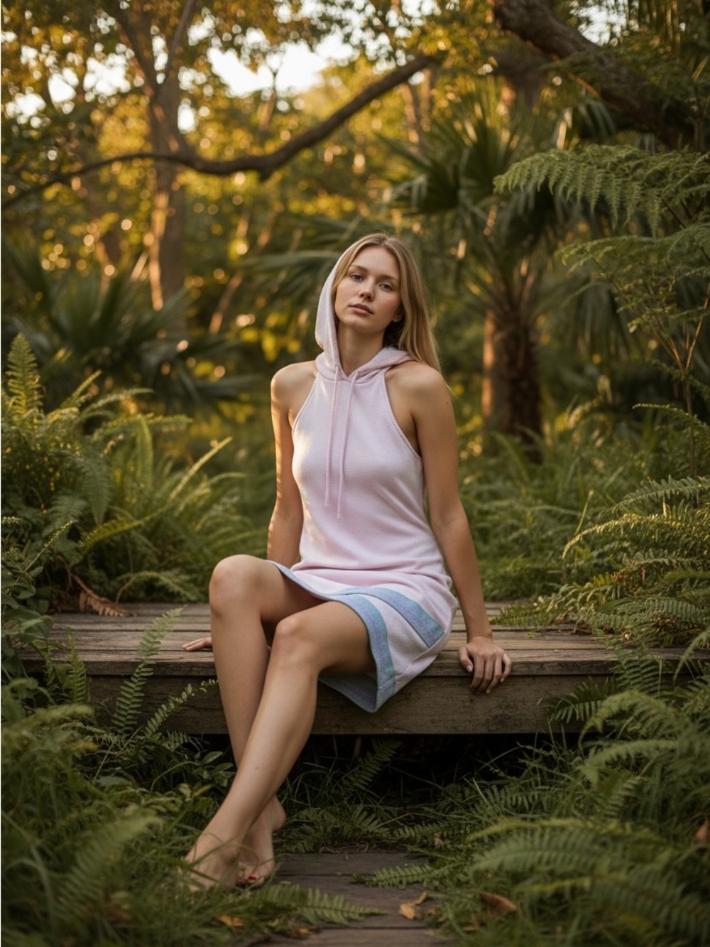 VENUS Pink Hooded Mini Dress with Grey and Pink Stripe Asymmetrical Hem